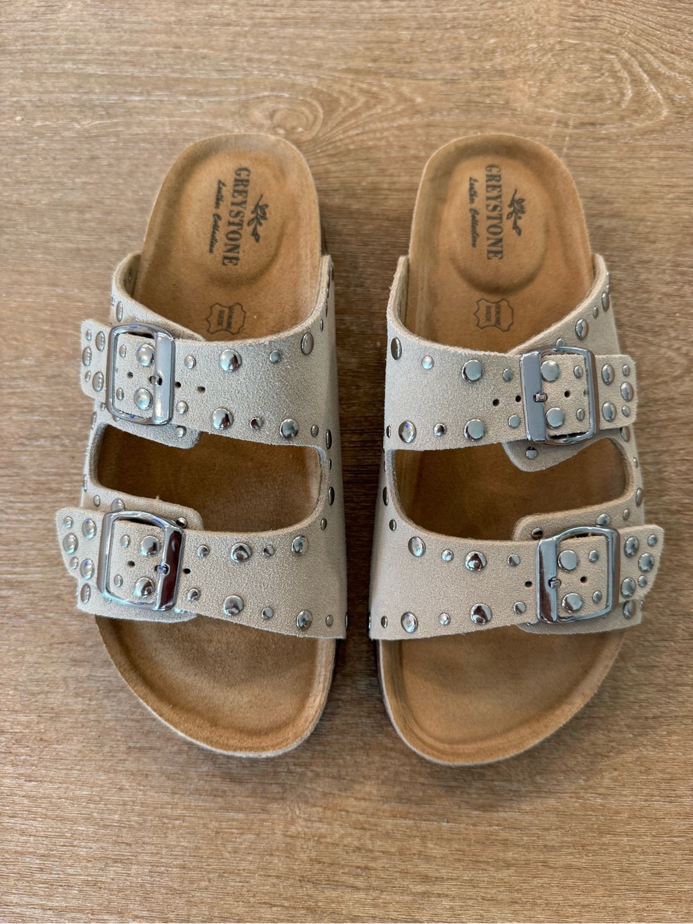 Beige Studded Double-Buckle Womens Sandals